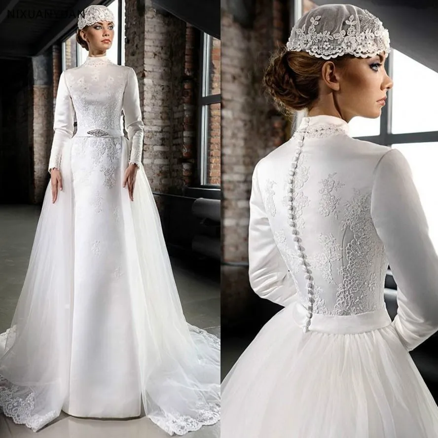 New Arabic Islamic Muslim A Line Wedding Dresses Lace Winter Bridal Gowns Long Sleeves High Neck Midwest Pakistani Abaya