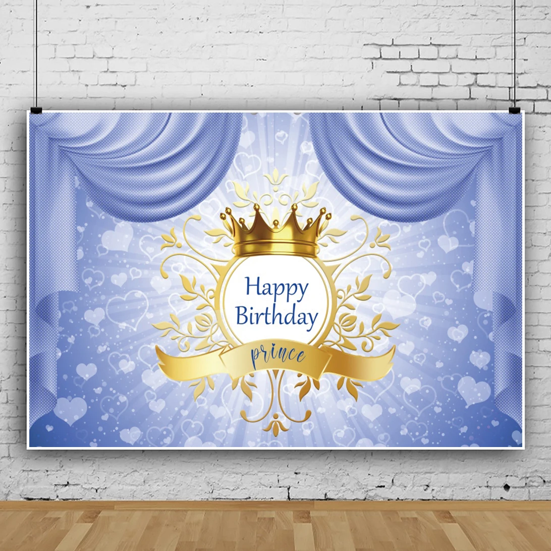 Laeacco Prince Happy Birthday Party Child Portrait Customized Banner Poster Blue Curtain Background Photography Photo Backdrops