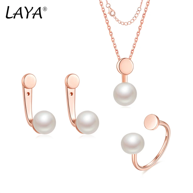

Laya 925 Sterling Silver Simple Design Natural Freshwater Bread Beads Pearl Earrings Ring Neacklace Sets For Women Fine Jewelry