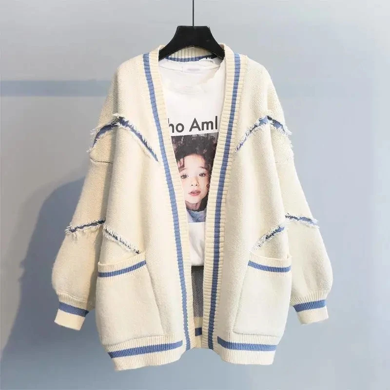 

2021 Oversized Cardigan Sweater Autumn Winter V-neck Letter Loose Warm Knitted Sweater Korean Big Pocket Hole Stitching Sweaters