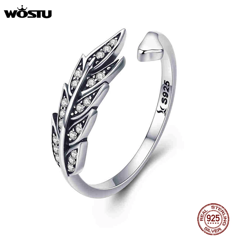 WOSTU NEW 925 Sterling Silver Vintage Style Leaves , Clear CZ Adjustable Rings for Women Fashion S925 Silver Jewelry Gift CQR313