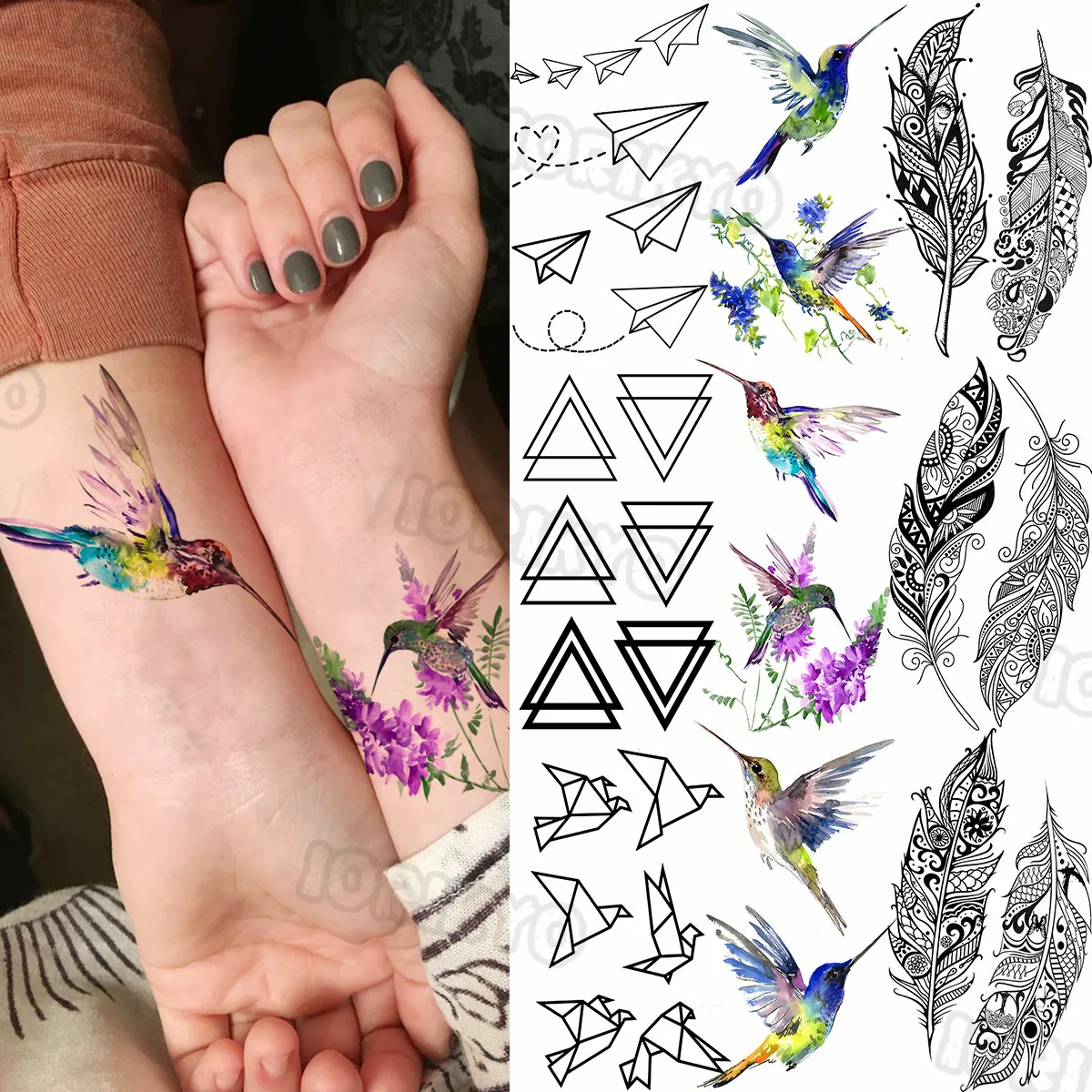 

Colorful Hummingbird Small Temporary Tattoo For Women Geometric Feather Paper Airplane Fake Tattoo Sticker Front Arm Body Tatoos