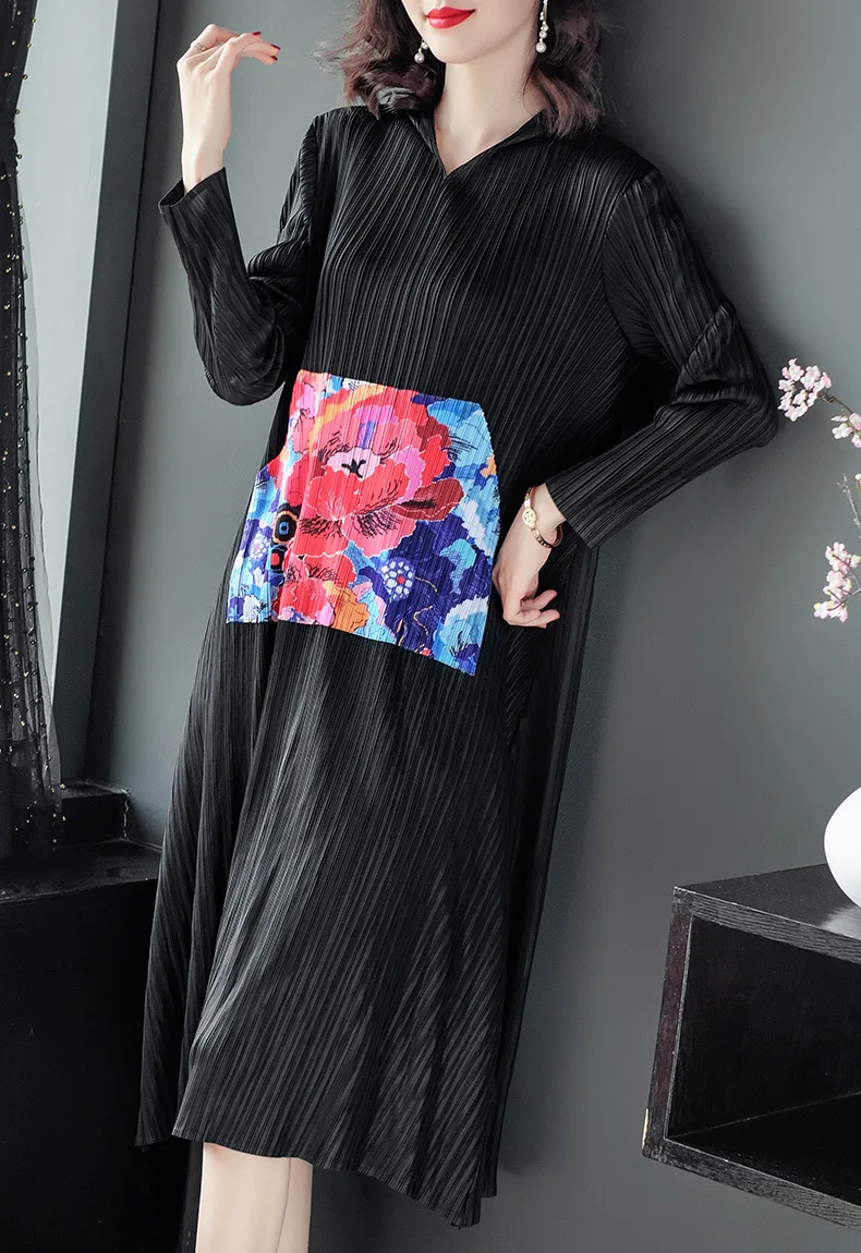 

HOT SELLING Fashion fold black print Hooded collar the A-Line dress IN STOCK