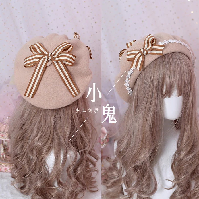 Japanese lolita girls beret female autumn and winter woolen sweet wild daisies hand-made bow bud