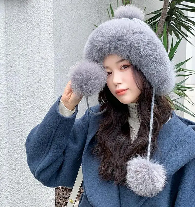 2021 New Women Fox Fur Hats Knitted Wool Bomber Hat Elastic Cap Trapper Russian Girl Ski Hats Caps Ear Protector Winter Warm