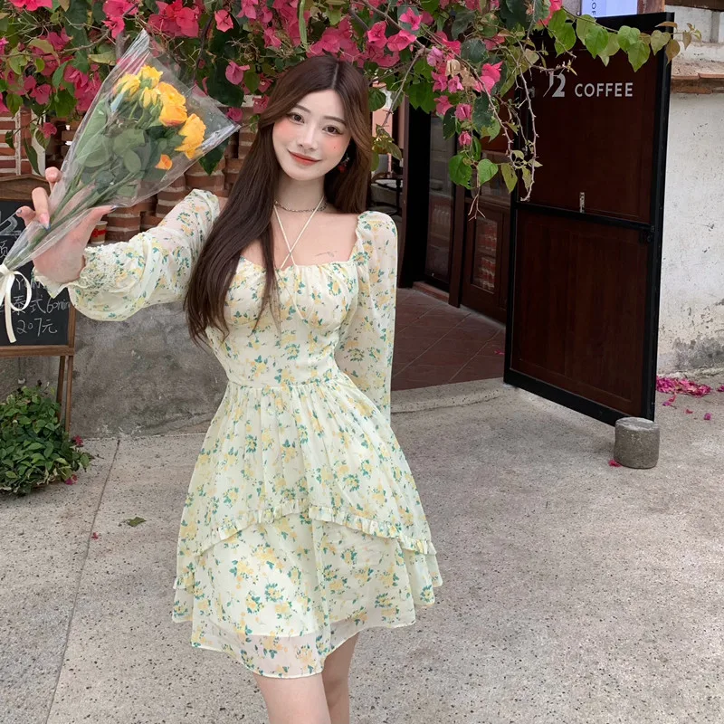 Seaside Holiday Dress 2021 Summer New Chiffon French Vintage Square Neck Puff Pleeve Women Floral Beach Dress