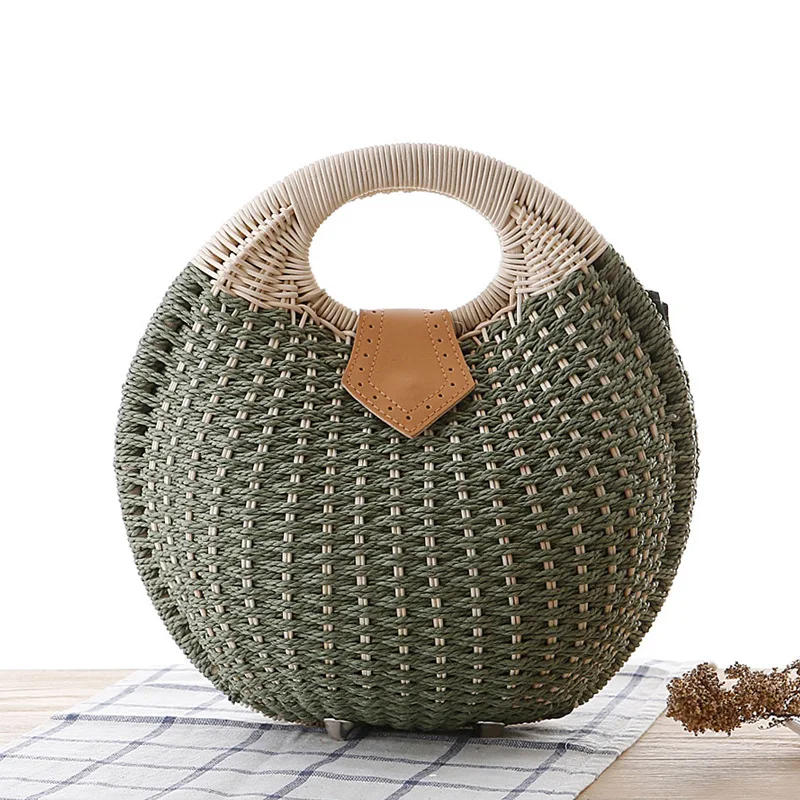Damska naturalna rattanowa ręcznie tkana okrągła płytka torebka górna rama do torebki letnia moda Bohemia damskie torebki z uchwytem w stylu Casual Clutch torba na plażę