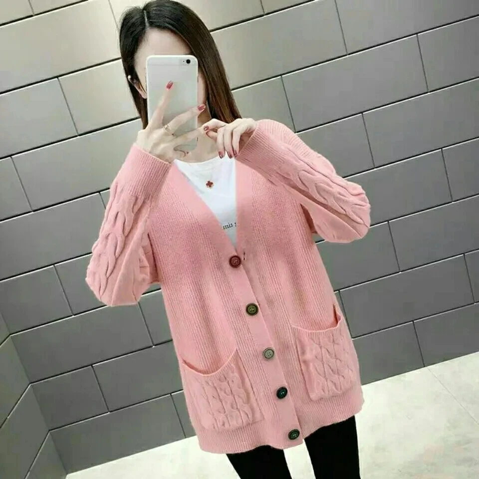 2024 Spring Autumn New Women Knitted Sweater Cardigan Coat Fashion V-neck Single-breasted Pocket Loose Sweaters Ladies Tops