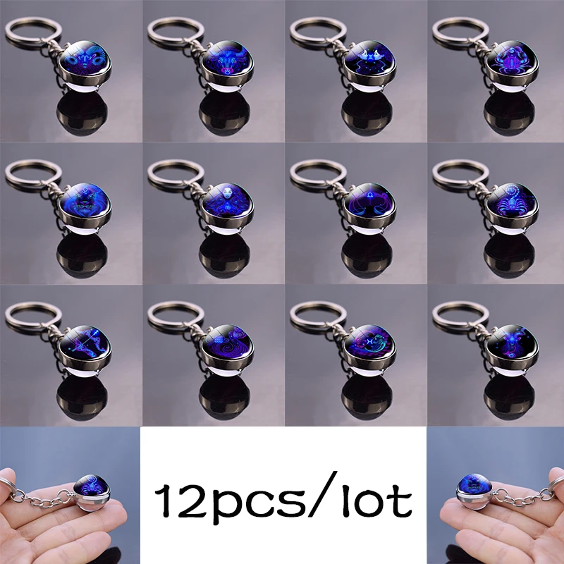 12 Pcs/set Zodiac Keychains Clear Glass Ball Constellation 12 Zodiac Sign Key Ring Men Women Birthday Gift Wholesale