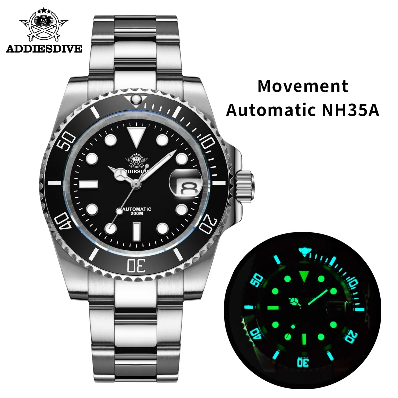 Addiesdive relógio mecânico masculino c3 super luminoso 200m à prova dwaterproof água cristal de safira часы nh35 relógios automáticos reloj hombre