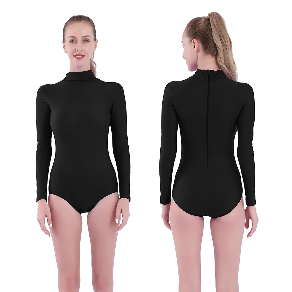 Speerise Women Black Long Sleeve Ballet Dance Leotards Turtleneck Gymnastics Bodysuits Romper Skin for Men Adult Stage Costumes