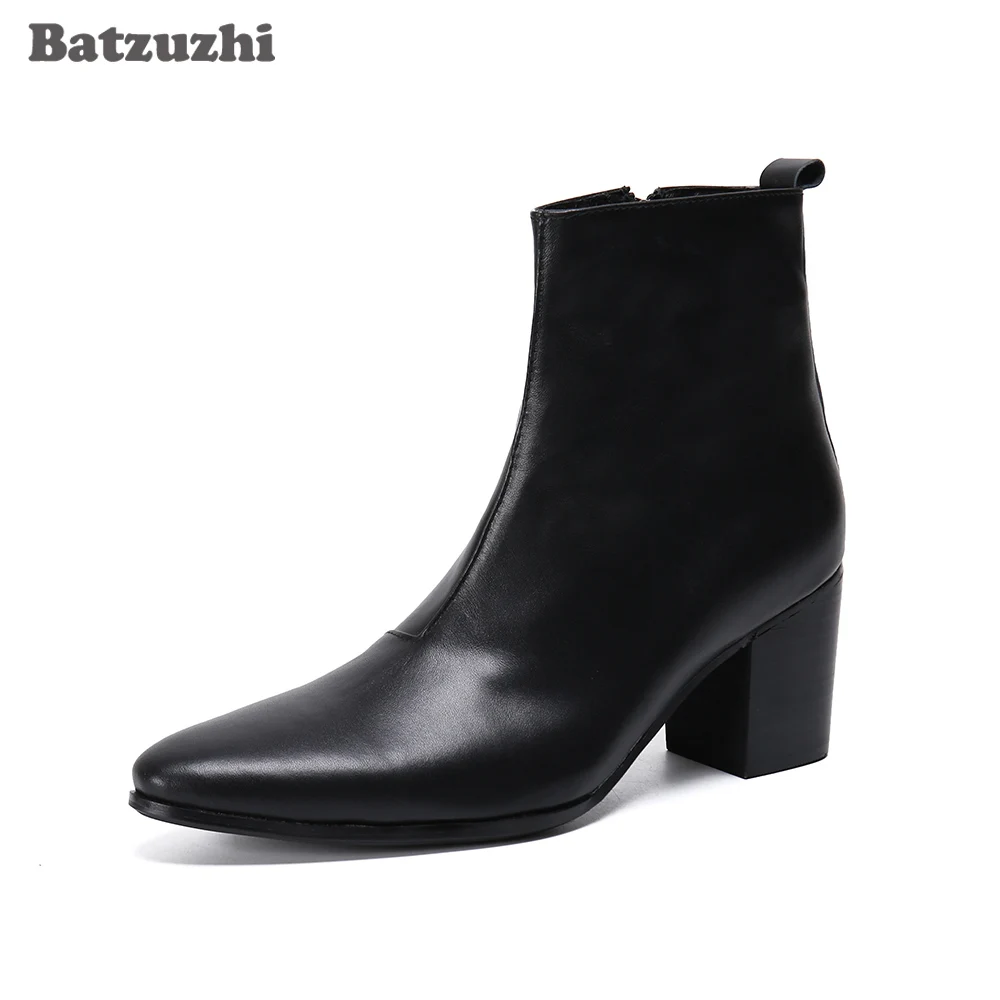 

Batzuzhi 7.5cm High Heels Formal Black Leather Boots Men Pointed Toe Men's Boots Business Gentleman botas hombre Party Boots Men