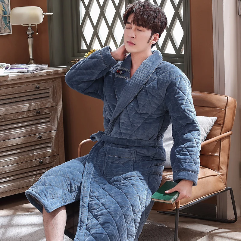 

Men's Winter Warm Robes Thick Lengthened Flannel Quilted Shawl Bathrobe Kimono Home Clothes Long Sleeve Robe Coat peignoir homme