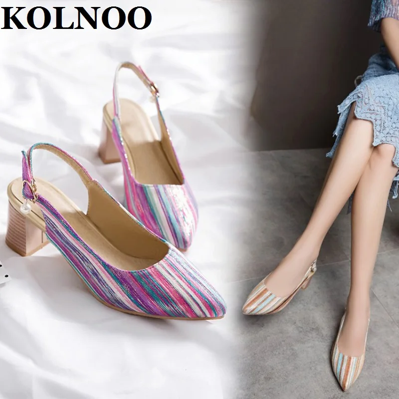 

KOLNOO Handmade Ladies 5cm Mid-Heels Pumps Slingback Strip-Leather Sexy Vintage Daily Wear 3-Colors Fashion Party Prom Shoes