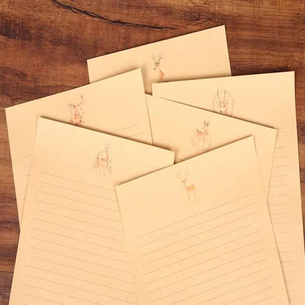 XRHYY 6 PCS Vintage Animal Deer Writing Stationery Paper With Envelopes Set Retro Kraft Writing Paper Vintage Letter Paper Set