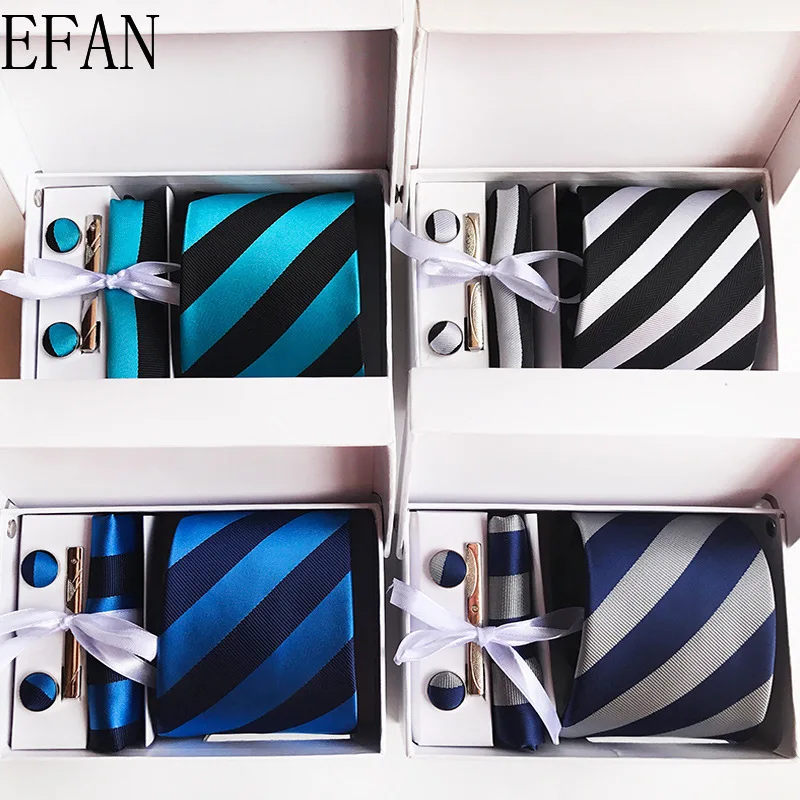 Fashion 8cm Wide Tie Sets Gold/Black/blue/Gray Men's Neck Tie Hankerchiefs Cufflinks 18 colours Box gift polyester silk handmade