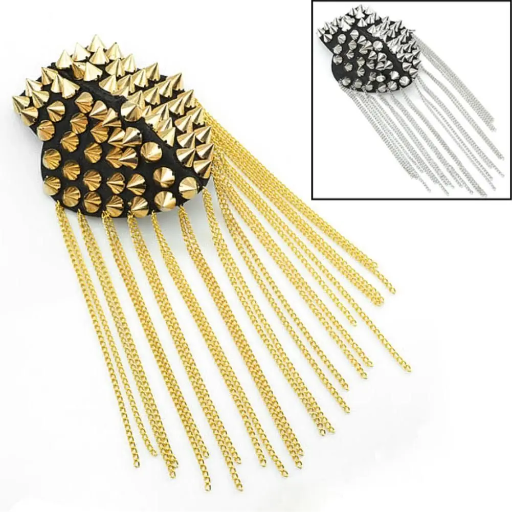 Evening Party Punk Handmade Tassel Metal Epaulet Fringed Shoulder Stamp Rivet Shoulder Pad Brooch Dress
