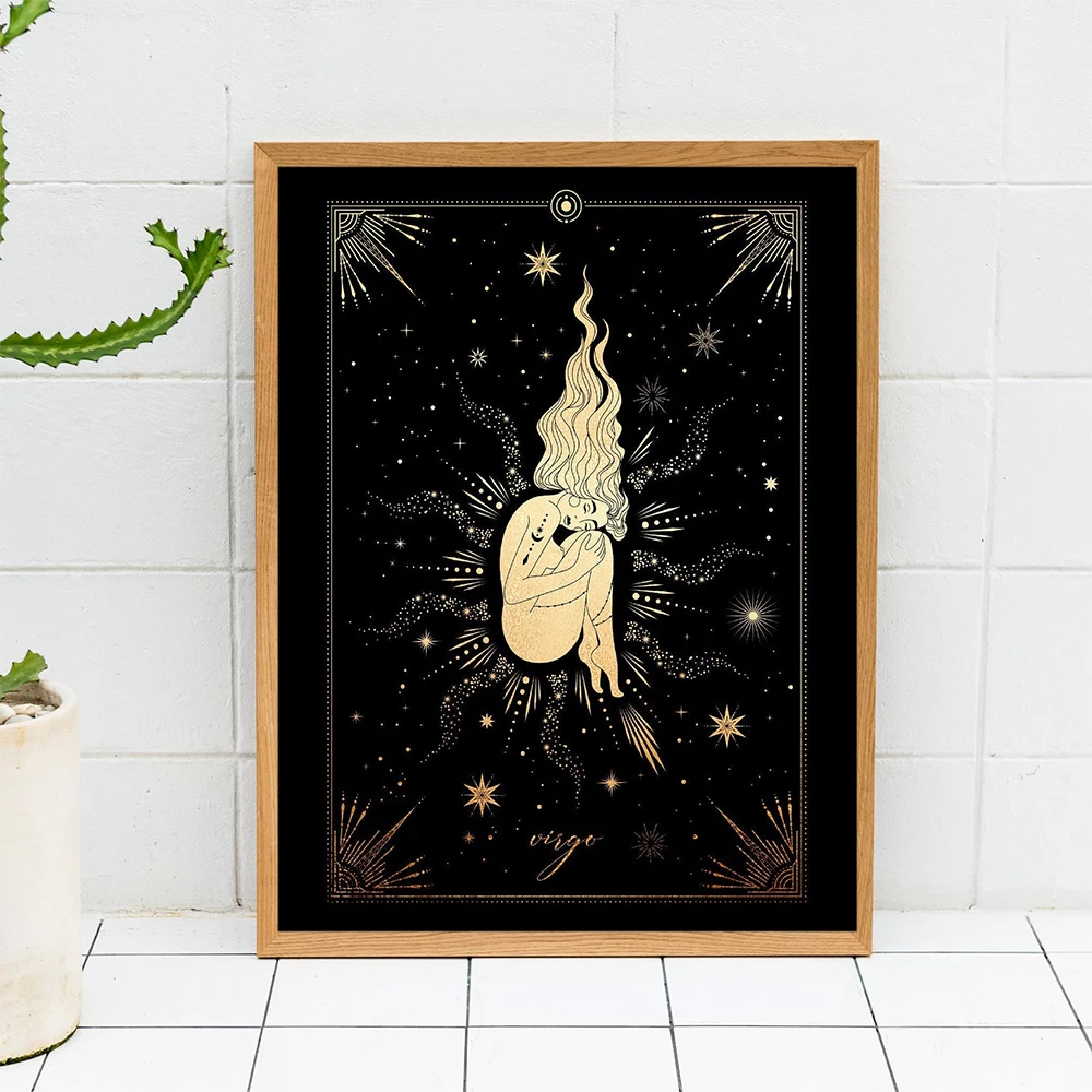 برج العذراء زودياك الذهب الأسود ستار تسجيل الفن طباعة علم التنجيم الفلكي ملصق جدار صورة ديكور المنزل هدية الحاضر جدار الفن يطبع