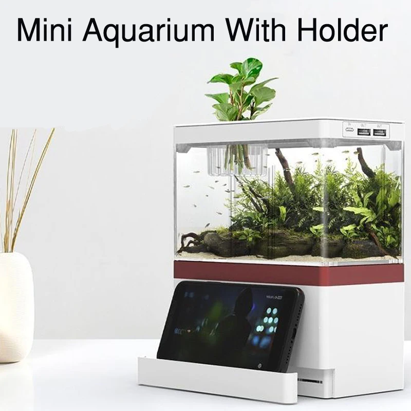 

Desktop Creative USB Mini Aquarium Fish Tank WIth Phone Holder With LED Lamp Light Betta Fish Fighting Cylinder