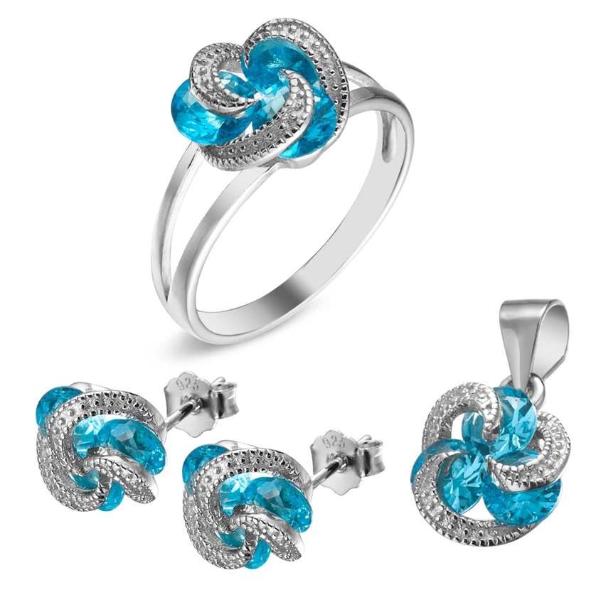 Eulonvan 925 sterling silver women Engagement Wedding jewelry sets (ring/earring/pendant) Light blue Cubic Zirconia S-3737set