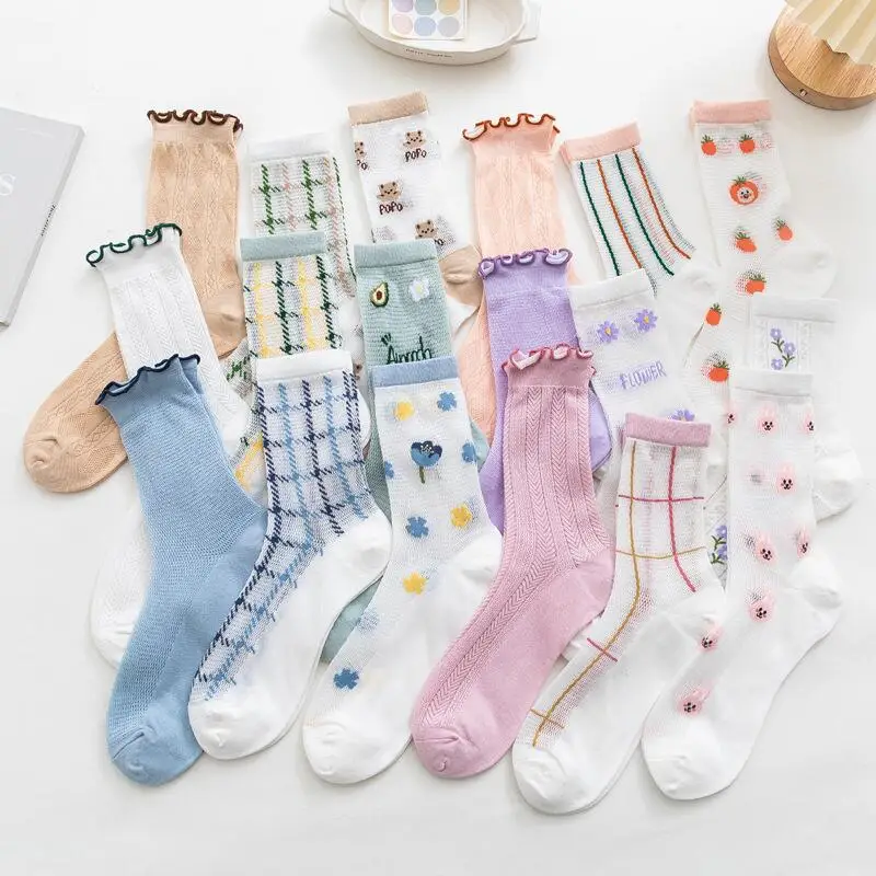 Summer Harajuku breathable woman long socks cartoon bear orange rabbit avocado socks ruffled mesh thin sweet girl socks