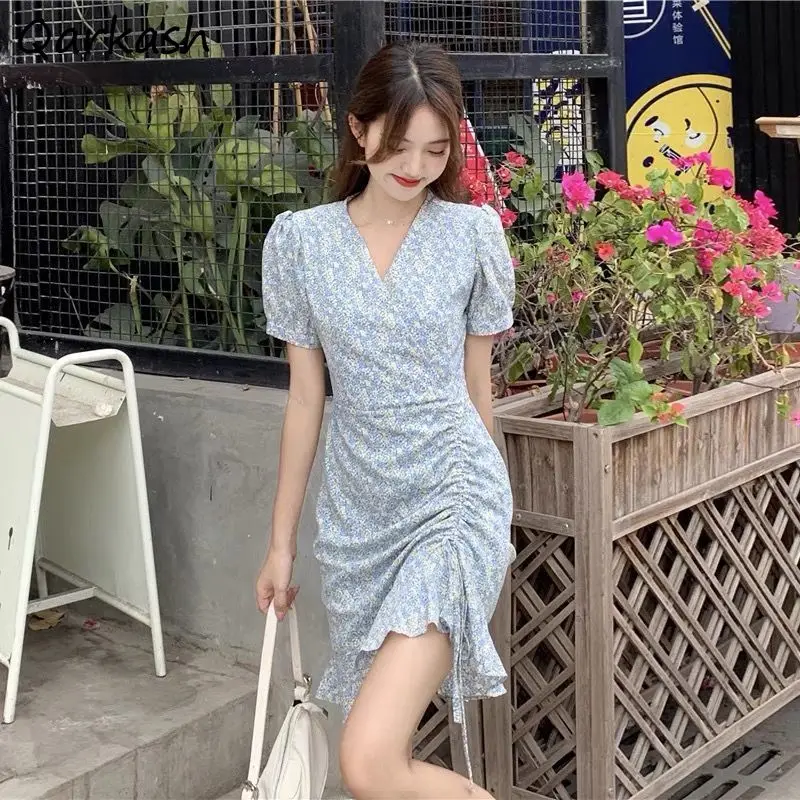 

Dresses Women Shirring Design Summer Vacation Harajuku V-neck Female Vestidos Mini Leisure Fit Print Aesthetic Maiden Basic Soft