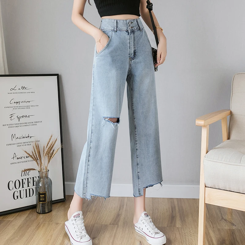 Ripped Jeans Woman High Waist Palazzo Jeans Pants Summer Loose Pants Capris