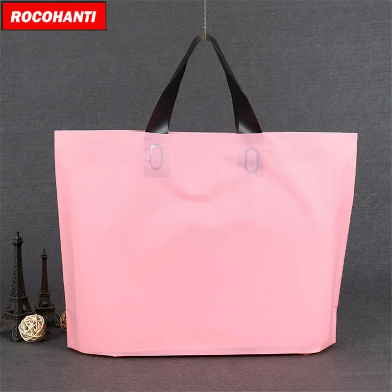 100pcs Custom Printed Pink Poly Bag Soft Loop Handles LDPE/HDPE Tote Shopping Plastic Bag with own logo for Clothing Packaging