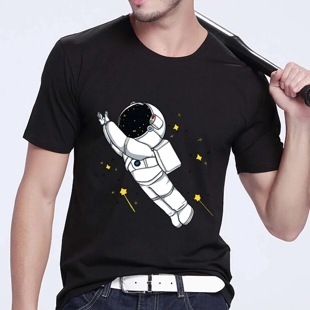 Men's Black T-shirt Casual Self-cultivation Cartoon Pattern Space Astronaut Print Series Top O-neck Commuter T-shirt Clothing