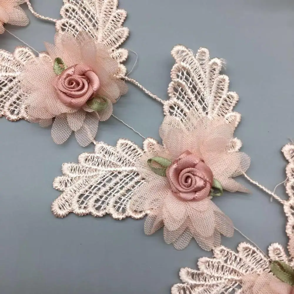 1 yard 3D Flower Pink Lace Dress for Wedding Dress Lace Trim Applique Ribbon Embroidered Fabric Sewing Craft DIY Decoration