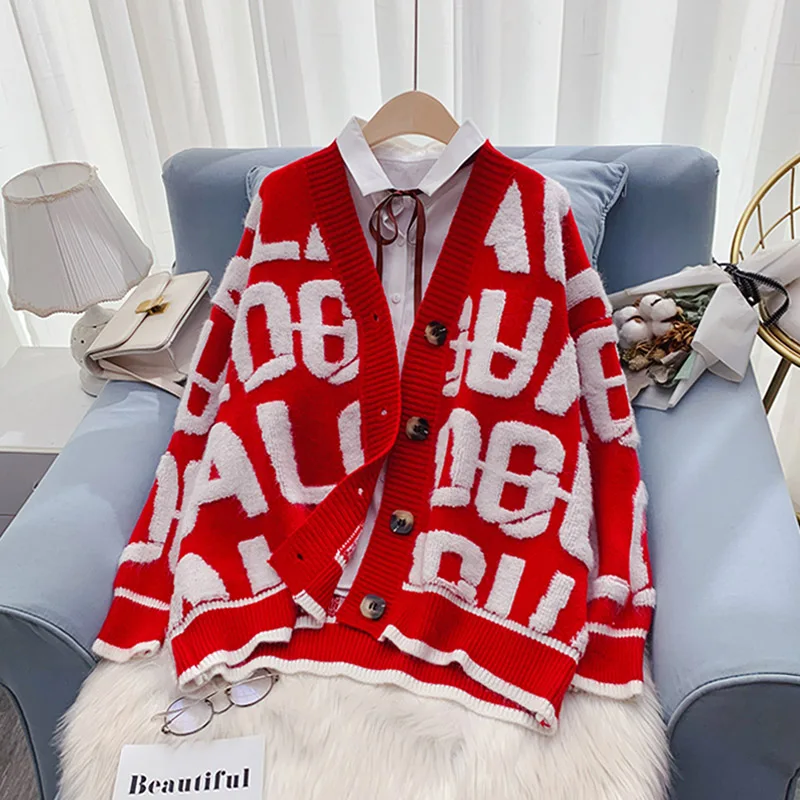 Letter Print Knit Oversized Cardigan Women Loose V Neck knitwear Jacket female Casual sweater women\'s Coat