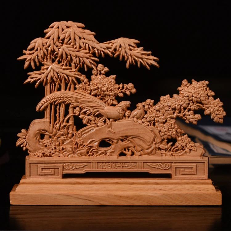 Birds and Bamboo Grove Double-Sided Wood Sculpture - Handcrafted Elegance with Red Wood Base, Refined Home and Office Decor