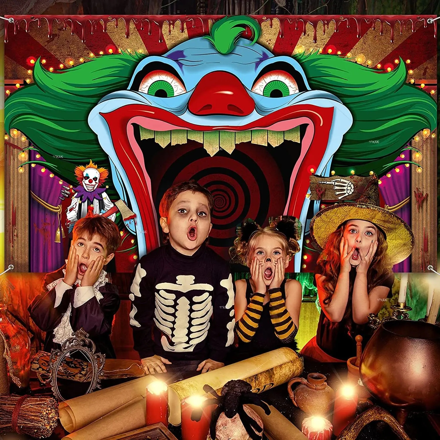 Halloween Circus Theme Backdrop Evil Clown Scary Creepy Skull Horror Carnival Background Photography Kids Birthday Party Booth