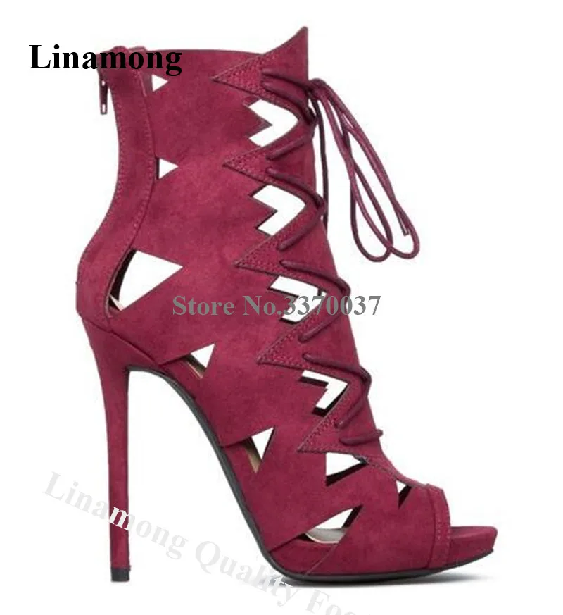 Autumn New Fashion Women Peep Toe Suede Leather Stiletto Heel Short Gladiator Boots Lace-up Cut-out High Heel Ankle Booties Heel