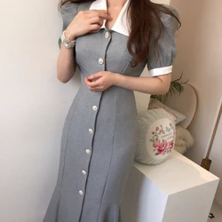 Chic Korean Slim Summer Elegant Puff Short Sleeve Turn Down Collar Contrast Single Breasted Mermaid Dress Women Vestido Sexy