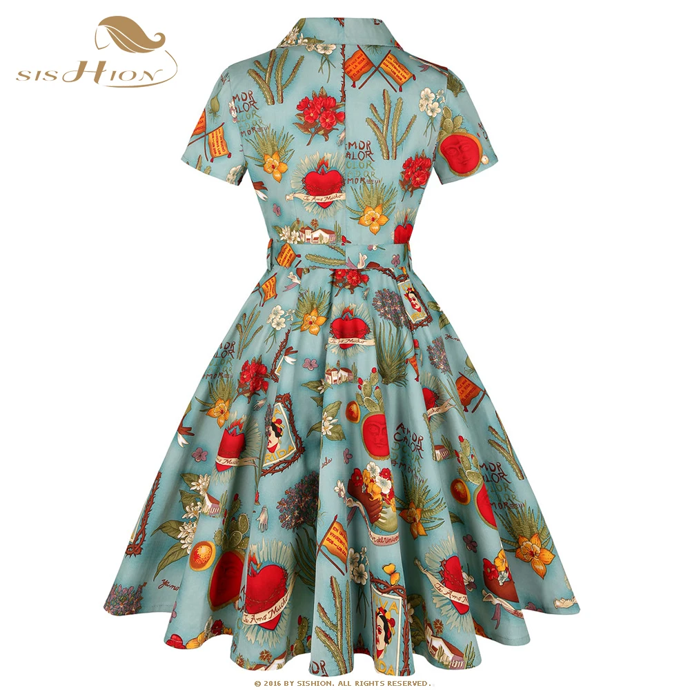 SISHION Short Sleeve Swing Retro 50s 60s Rockabilly Vintage Dress SD0002 Green Floral Print A Line Cotton Women Summer Dress