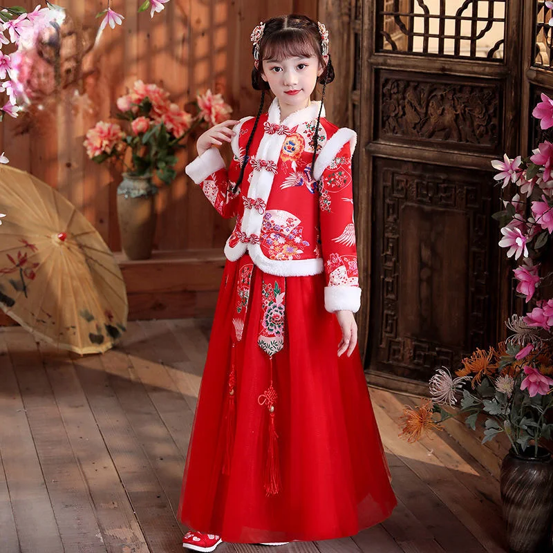 Girls\' Hanfu New Year\'s Clothing Children\'s Warm Cheongsam Chinese Tang Suit Kid Winter Plus Velvet Cute Embroidery Party Dress