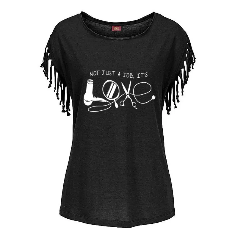 2021 New Summer Hairdresser T Shirt High Quality Leisure Women Short Sleeve Cotton Sexy Tassel Tee Tops