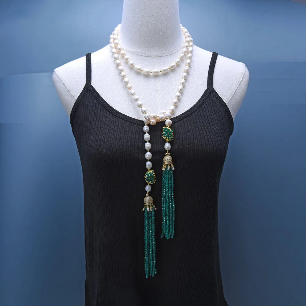 

Natural White Pearl Green Faceted Agate Tassel CZ Pave Pendant Long Necklace Sweater Chain Necklace For Women