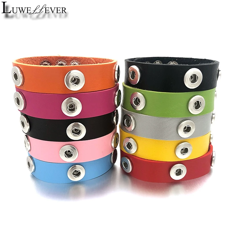 New Candy Colors 186 Real Genuine Leather Retro Fashion Bracelet Fit 12mm 18mm Snap Button Bangle Charm Jewelry For Women Gift