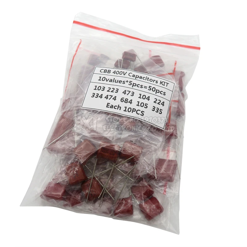 

KIT 50PC=10value*5PCS Metallized Polyester Film Capacitors CBB Assortment Kit 400V 10nF ~ 3.3UF