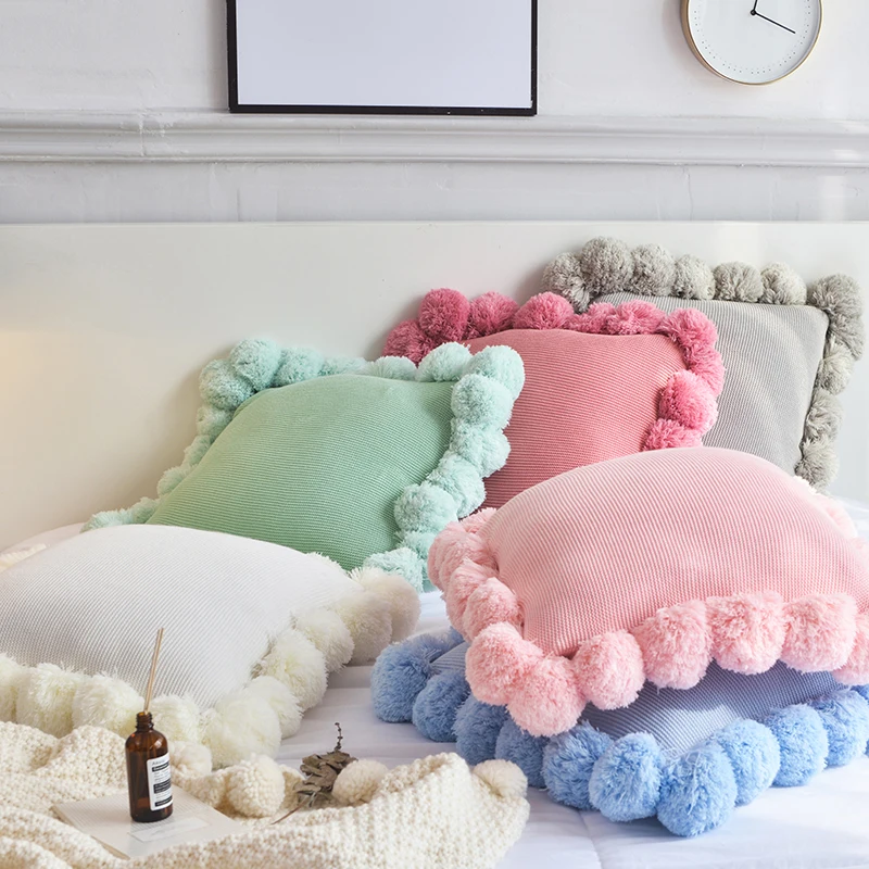 Pompom Knit Cushion Cover Solid Ivory Grey Pink Ivory Green Solid Pillow Case 45*45cm Soft for Sofa Bed Nursery Room Decorative