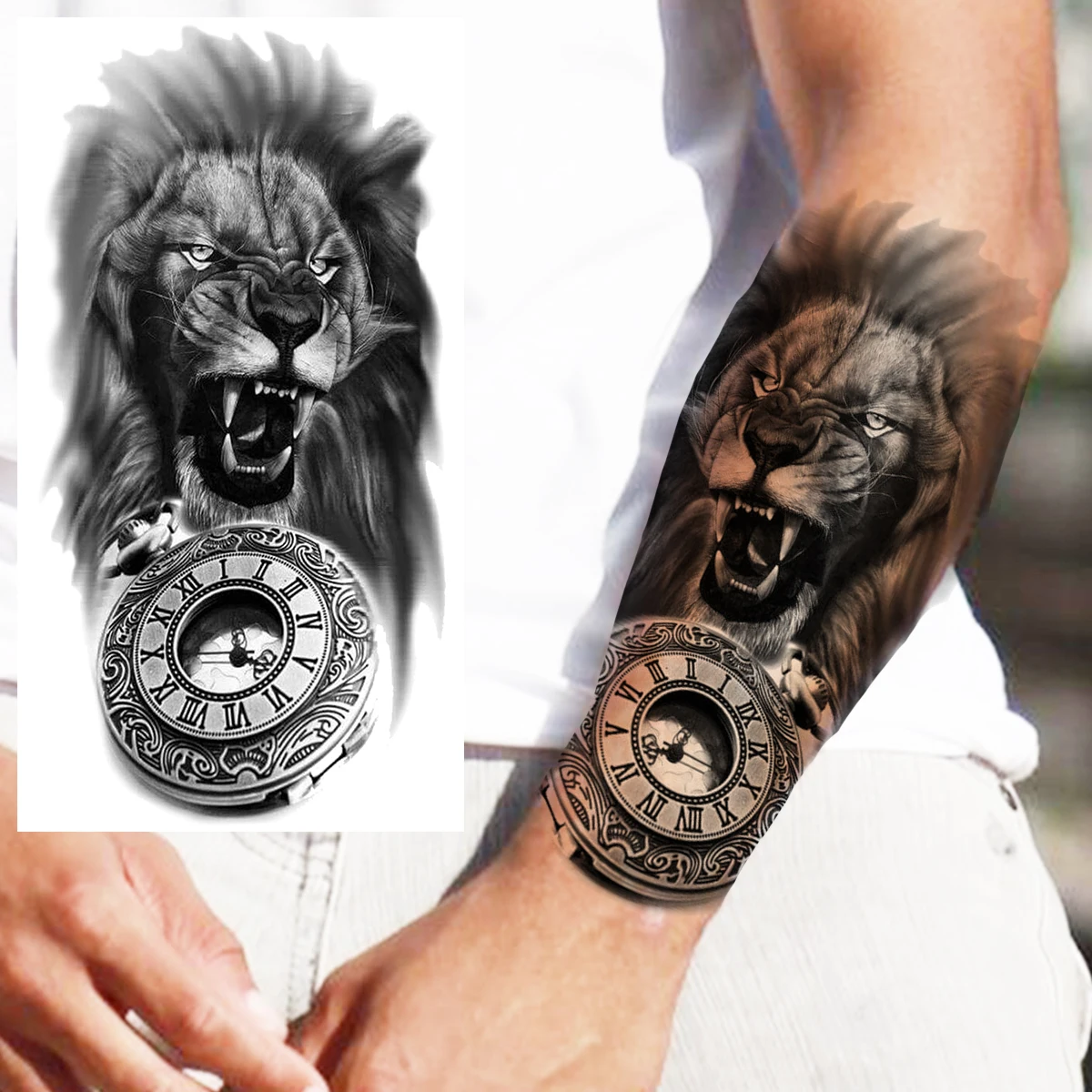 Black Military Temporary Tattoos For Men Women Adults Lion Compass Tiger Pirate Ship Fake Tattoo Sticker Forearm Body Tatoos