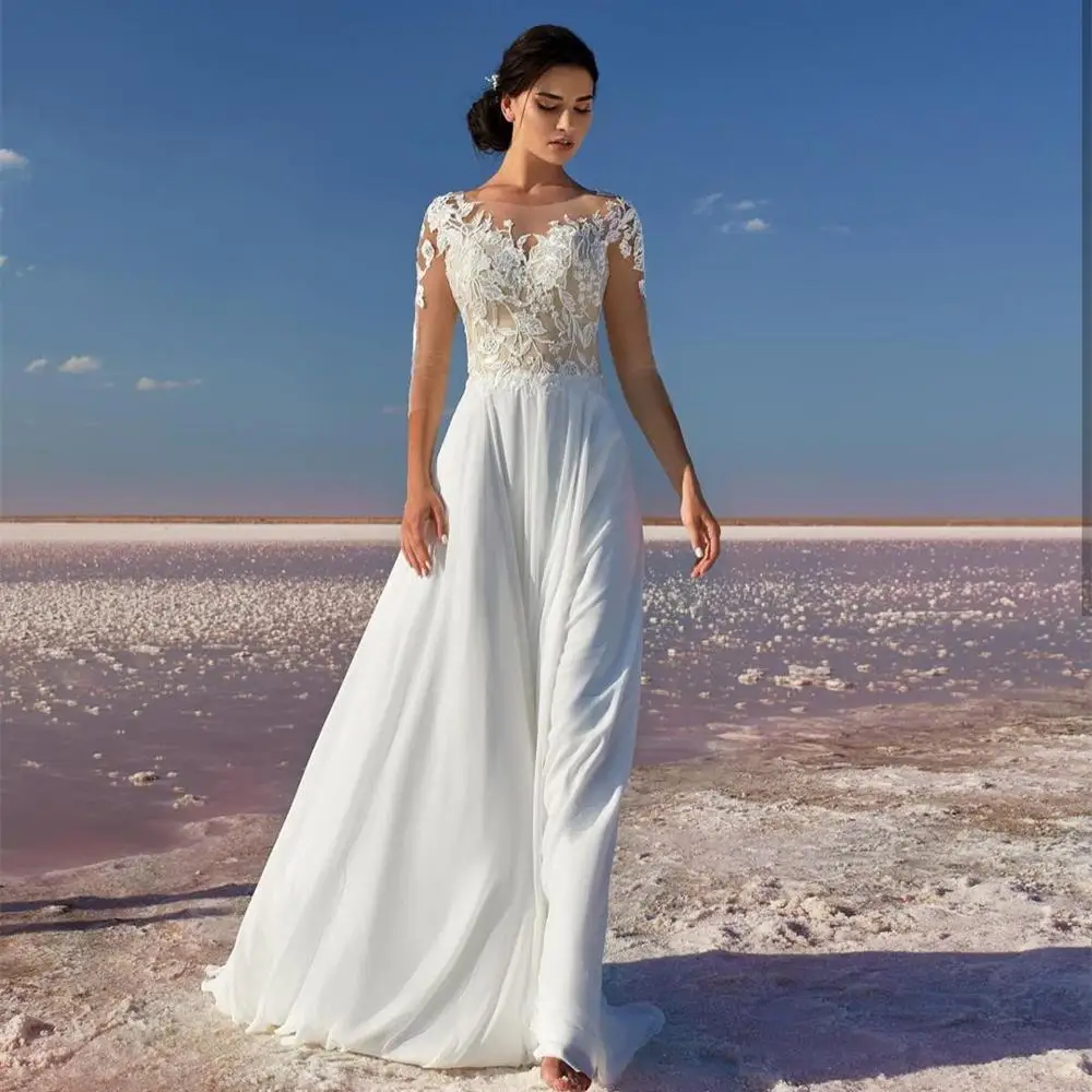 Scoop Bodenlangen Hochzeit Kleid der Halben Hülse A-Line Chiffon Spitze Appliques Brautkleider Einfache Strand Robe De Mariee Böhmischen