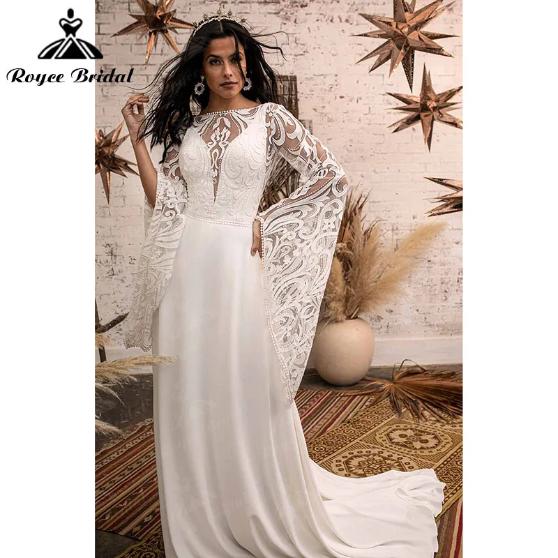 A Line Boho Wedding Dresses with Back Buttons Backless V Shape Back Lace Long Flare Sleeve Scoop Neck robe de mariée Beach 2022