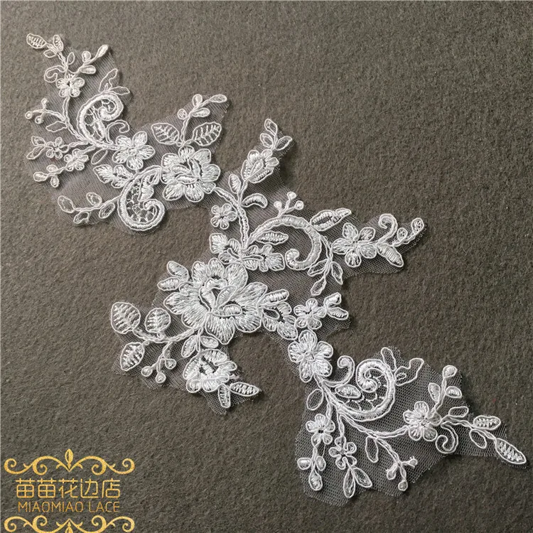 1Pair/2pcs Ivory White Embroidery Lace Flowers Applique Trim Veil Diy Handmade Materials Wedding Dress Decoration Accessories