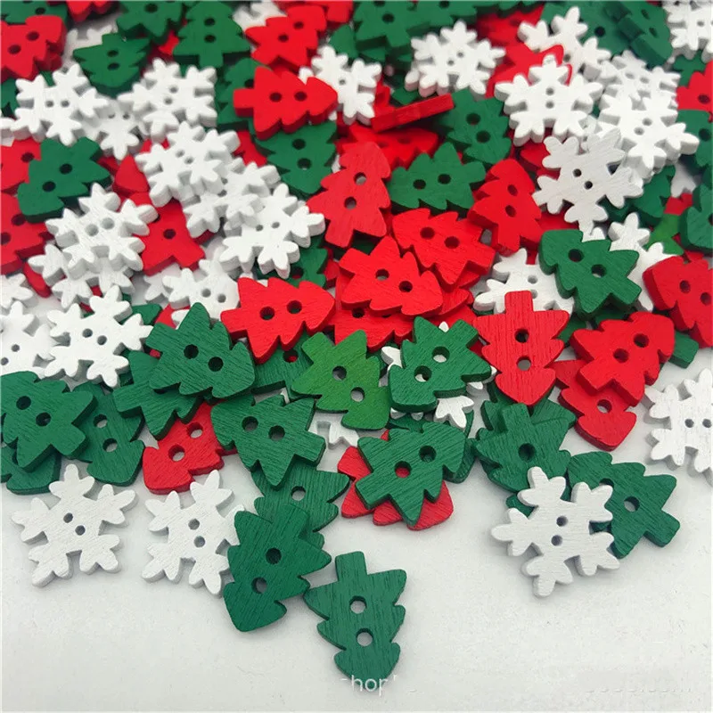 100pcs Red Green White Mixed Wood Christmas Tree Snowflakes Buttons For DIY Winter Crafts Xmas Scrapbooking Embellishments