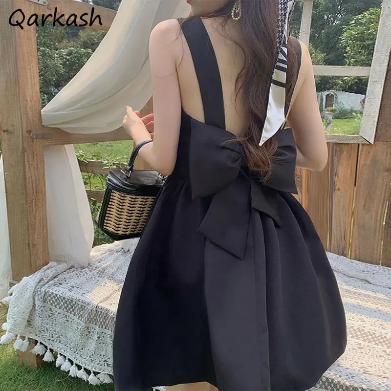 Dress Women Elegant Retro Simple Black Solid Female Sundress Korean Style Party Holiday Back Bow Decoration Sexy Ladies Leisure