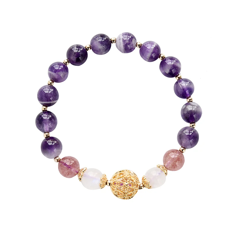 Image 6: Ruifan – Bracelet en pierre de lune blanche pour femme, perle ajourée, améthyste naturelle, cristal fraise, bijoux fins, YBR235