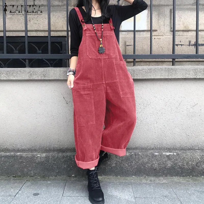 Corduroy Suspender ZANZEA 2023 Fashion Women Solid Casual Baggy Jumpsuits Vintage Overalls Straight Pantalon Pants Maxi Rompers